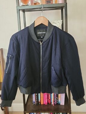Kenneth Cole Navy Pinstripe Bomber with Dark Gray Trim